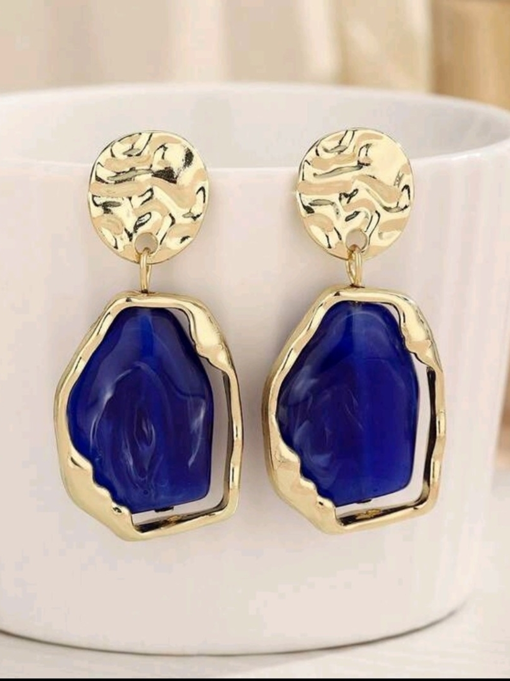 Gold-Plated Drop Earrings with Blue Resin Stones